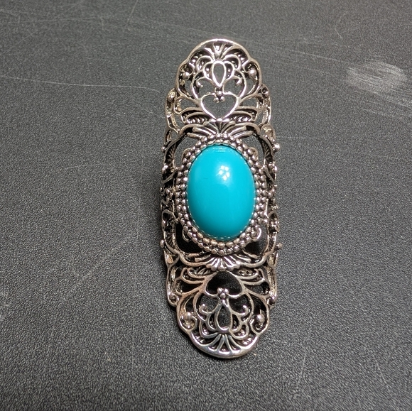 Elegant Silver Filigree Oval Turquoise Boho Statement Ring Size 10 - Picture 5 of 5